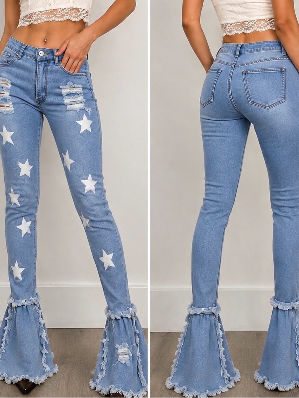 Y2K Star Print Distressed Stretch Flare Jeans Light Wash Slim Fit Bell Bottom S